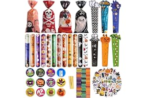 LEONSHCO Lot de 110 Articles de Papeterie pour Halloween : Cadeaux de Fête, Autocollants, Crayon, Taille-Crayon, Mètre Ruban, Bracelet à Bec pour Enfants - Accessoires de Fête