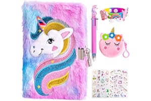 PESLNG Diario segreto per bambina con lucchetto, Unicorno diario in peluche formato con lucchetto, set di diari per bambine con penna multicolore/portamonete/adesivi 3D/braccialetti
