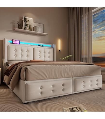 Lit Double Coffre 180x200cm Avec LED Et USB Type-C, Lit Adulte Avec