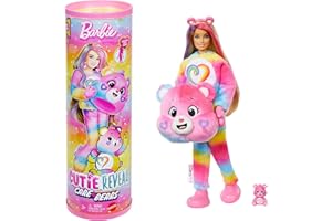 Barbie - Togetherness Bear, bambola Cutie Reveal Care Bears Serie 2 con costume in peluche e mini orso, 10 sorprese e accessori con effetto cambia colore, giocattolo per bambini, 3+ anni, JFV60