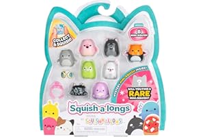 Squish-a-longs Mini-Squish - Paquete de 8 (Onda 3, Estilo 3) - Flamenco Rosa, Griffin, Pulpo, lémur, Cairn Terrier, Llama Verde, manatí y un Misterioso Mini-Squish