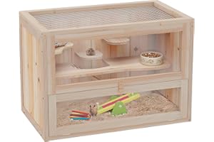 PawHut Jaula Madera para Hámster Ratoncillos Roedores Casa para Animales Pequeños 2 Niveles 60x35x42cm