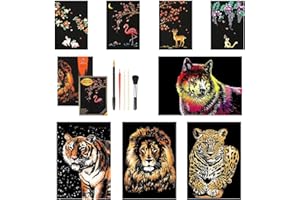 TEARMIER 8 Sheets Scratch Art for Kids & Adults, A4+A5 Animals Scratch Art Paper Animals Rainbow Painting Sketch Art Craft Scratch Scratchboard, Foil Handmade Scratch Painting Engraving Art with 5 Tools
