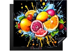 KitchenYeah© Protege Plaque Induction 60x52 cm Decoration Cuisine Tapis de Protection Pour Plan De Travail Cuisson Protégé Fruit - Graffiti - Coloré - Orange - Fraise - Abstrait