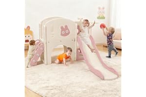 YOSAMY 5-in-1 Kids Slide with Basketball Hoop & Storage Basket - Toddler Slide Set for Ages 1-6, Indoor/Outdoor Safe Playset, Non-Slip Climber(Pink)