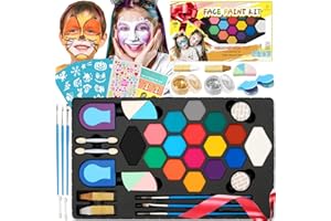OUKZON Kinderschminke Halloween, Halloween Schminke Kinder - 16+2 Große Schminkfarben, 2 Haarkreide, 2 Glitzer, 116 Strasssteine, 32 Schablonen, Komplettes Schmink Set für Halloween Make Up,Karnevalsschminke
