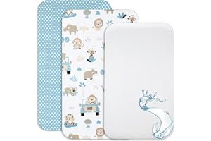 Lovely Hippo 2X Spannbettlaken 100% Baumwolle + 1X Matratzenschoner 100% wasserdichtem Material - Set 3X - Kompatibel Chicco, Kinderkraft (Safari Blau, 50 x 83 cm)