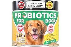 Probiotics for Dogs - Dog Probiotic & Prebiotic Tablets - Digestive Support Supplement for Gut Health, Tummy Relief, Itching, Diarrhoea, Allergies, Bad Breath - 120 Chicken Flavour - by Nuvimi