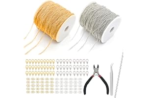 NEUSID 2 Roll Gold Silver Chain for Jewellery Making, 33 Feet 2.4mm DIY Craft Bracelet Necklace Making Chains with 60 Lobster Clasps and 120 Jump Rings, Small Pliers Tweezers