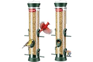 Kingsyard 2 Pack Tube Bird Feeder for Outdoors Hanging, Removable Base and Perch, 6 Feeding Ports - Easy to Clean, Premium Hard Plastic, Attracting for Finches Cardinals (Green)