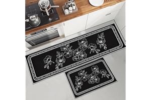 PQCXXA Tappeto da cucina antiscivolo, 2 pezzi, per cucina, soggiorno, sala da pranzo, bagno, 43 x 150 cm + 43 x 75 cm (fiori, 43 x 150 cm + 43 x 75 cm)