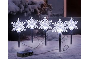 Spetebo Zestaw świec ogrodowych LED, 5 sztuk, płatki śniegu z timerem - po 21 cm wysokości - oświetlenie dekoracyjne do ogrodu, zimowe, świąteczne, gwiazdki świetlne na zewnątrz, zasilane bateriami