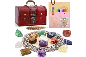 SOULNIOI 35PCS Healing Crystals Stones Set, 7 Rough & Tumbled Chakra Stones, 80g Crushed Stones,Necklace, 8 Magic Candles, 7 Paper/Sage/Feather/Salt, Wooden Grid and Box for Beginners Meditation Yoga