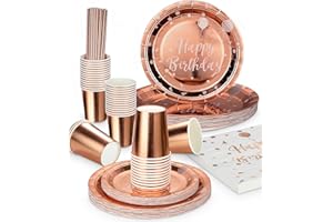 NEFLSI Vaisselle Jetable Anniversaire Pastel,130 Pièces Vaisselle Rose Gold Vaisselle Decoration Set Comprendre Assiettes en Papier pour Mariages Fête de Noël Baby Shower