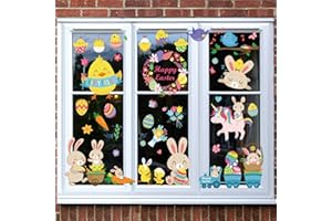 Giiffu Easter Window Stickers, Easter Decorations 6 Sheets 147 Pcs Easter Stickers Window Easter Bunny Window Clings PVC Static Stickers, for Home Office Shop Window Easter Decoration