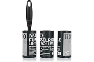 Vaily Rodillo quitapelusas con 2 rodillos de repuesto para ropa, pelusas, polvo, pelo y pelo de animales en ropa y muebles, 110 hojas de 18 x 10 cm por rollo