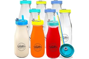 Smiths Mason Jars Ensemble de 9 Mini Bouteilles de Lait en Verre de 300 ml, Couvercles Anti-éclaboussures et Pailles réutilisables Pour Enfants | Pour l'usage Général des Enfants à la Maison
