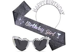 Stiedey Birthday Queen Accessories Kit, Birthday Glitter Pink Sash with Heart Pearl Sunglasses and Sparkling Crystal Headband, Happy Birthday Party Accessories for Girl Women Costume