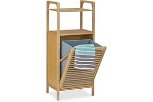 Relaxdays Estantería con cesto de la Colada, Dos estantes, Mueble de baño, 25L, 95x40x30 cm, 1 Ud, Bambú, Marrón Natural
