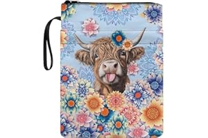 Wanyint Book Sleeve Book Protector Book Covers for Paperbacks Washable Fabric Book Pouch for Women Teachers Friends 11.4 x 8.7 Inch, Highland Cow Boho Floral Blue