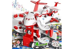 CI VETCH Airplane Toys for 3+ Year Old, Firetruck Garage Parking Lot Playset Toy Airplane with 14 Road Signs 4 Inertial Cars 1 Map, Toddler Boy Toys Preschool Birthday Gift for 3 4 5 6 Years Old