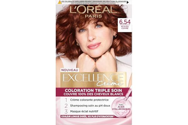 L’ORÉAL PARIS - Coloration Cheveux Permanente Triple Soin - Couvre 100% des Cheveux Blancs - Excellence Crème - Nuance : Acajou Cuivré (6.54)