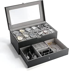 Scatola Orologi Uten Doppio Strato - Per 12 Orologi Con Lucchetto | Nero Con Finestra - Foto 9