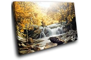 WHATS ON YOUR WALL.COM SC438SC Framed Canvas Prints Colourful Wall Art - Yellow Forest Waterfall Cool - Modern Scenic Living Room Bedroom Piece Home Decor Interior Design Easy Hang Guide