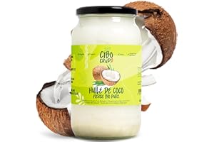 CIBO CRUDO CRUDO BIOLOGICO VEGAN Huile de Coco Bio - 1 LT. Huile de Noix de Coco Alimentaire Pur. Huile de coco pour Cheveux Corps et Visage. Liquide au-dessus de 23° Beurré/Beurre en dessous. Organic Coconut Oil.