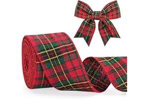 KINGLAKE Tartan Wired Ribbon, 10M 2.5 Inch Wide Green Red Plaid Christmas Burlap Ribbon, Xmas Wired Ribbons for Wreath Bows Making, Christmas Tree Decorations, Gift Wrapping, Crafts