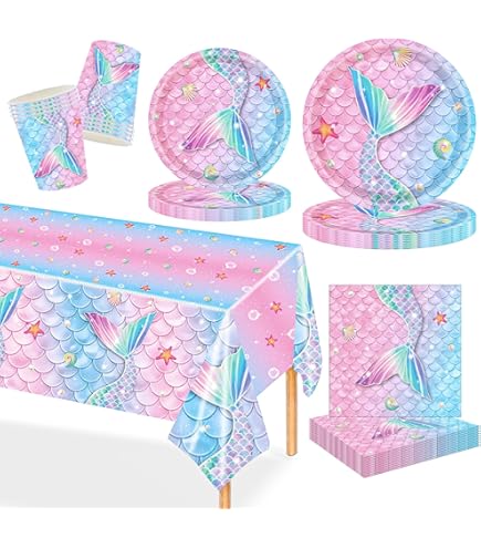 Set Stoviglie Per Feste A Tema Sirena - 61 Pezzi Per 20 Ospiti Con Tovaglia, Piatti E Bicchieri - Foto 3