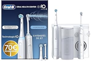 Oral-B Oral Health Center Hydropulseur Dentaire et Brosse à Dents Électrique iO4, Jet Dentaire, 1 Canule Oxyjet, 1 Canule Water Jet, 4 Jets d'Eau et 5 Pressions, 2 Brossettes
