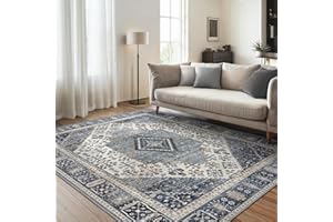 GENIMO Rugs Living Room 160x230cm,Washable Large Boho Vintage Carpet,Non-Slip Durable Easy Clean Blue Rug for Living Room, Dining Room, Home Office
