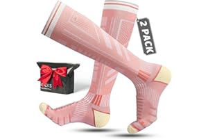RAHHINT 2 Pares Calcetines Esqui Lana Merino Para Hombre, Mujeres Y Jóvenes, Calcetines Altos De Compresión Para Snowboard Calcetines Termicos Frio Extremo Gruesos Hasta La Rodilla Para Clima Frío Talla 35-51