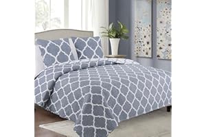 ‎EUROMAT Euromat Tagesdecke Steppdecke Bettüberwurf Gesteppte Tagesdecke mit 2 Kissenbezüge 40x40 cm- (Grau Weiß- Marokkanischer Meridian, 220x240 cm)