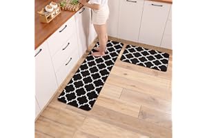 TiRiSMART Kitchen Mat Sets 2 Piece Kitchen Rugs Non Slip Washable Absorbent Soft Microfiber Cushioned Antifouling and Oil Drainage (43cm*61cm+43cm*122cm),Black