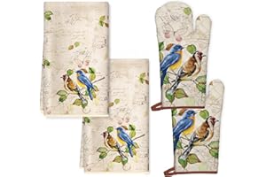 ‎ARQUIEL Arquiel Vögel Küchentücher und Ofenhandschuhe Set 4Pcs, Weiches saugfähiges Geschirrtuch, Hitzebeständige Ofenhandschuhe für Kochen Backen Küche Dekoration, Geschenke für Sie