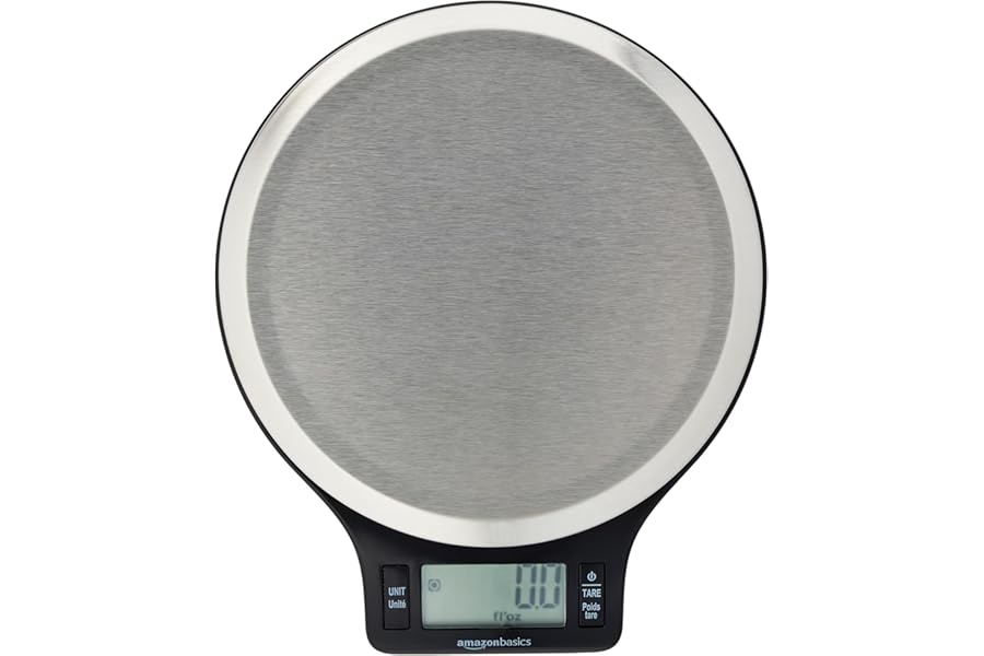 Amazon Basics Digital kitchen scales with LCD display (with batteries), Black and Stainless Steel, BPA free, Weighs up to 11 pounds