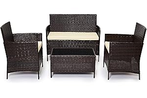 EVRE Brown Rattan Garden Furniture Set Patio Conservatory Indoor Outdoor 4 Seater Piece Modular Sofa Loveseat Chair Glass Top Coffee Table with Cushions