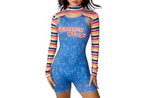 Kouoybt Women Halloween Costumes Set Scary Nightmare Killer Doll Jumpsuits Funny Sexy Playsuit One-Piece Romper for Halloween Cosplay Party