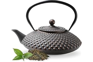 Tealøv Kambin THEIERE FONTE1,25 LITER - Théière en Fonte avec Infuseur - Entièrement émaillée de l'intérieur - Prépare Une Tasse de Thé Parfaite – Design Authentique Japonais à Picots - Noir/Cuivre