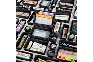 Giklux 45 Pezzi Organizer Cassetti Bagno Divisori 3 Dimensioni, Scatole Portaoggetti Organizer per Scrivania, Cucina, Ufficio, Attrezzi Da Lavoro, Trucchi Cassetti, Contenitori Plastica Organizzatore