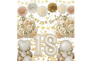 ALMAXI 18 Geburtstag Deko Mädchen Junge, Deko 18. Geburtstag Beige Gold Ballons, 18 Jahr Geburtstagdeko mit Luftballon 18, Happy Birthday Banner, Seidenpapier Pompons für 18. Deko Geburtstag Frauen