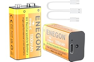 ENEGON Pack de 2 baterías 9V 1100mAh (9900mWh) Recargables USB-C de Carga rápida – Alto Rendimiento para Guitarras, Motores, detectores de Humo, micrófonos y más.