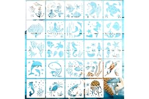 MIKIHAT 24 Pcs Stencil per Pittura di Mare Disegno Pittura Modelli Plastica Stampini da Disegno Bambini Stencil di Animale Riutilizzabili per Scrapbooking Diari Stencil per Pittura su Mobili Pareti-13x13cm