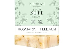 ‎MEINA Meina Naturkosmetik - Teebaumöl Seife, Bio Naturseife gegen Pickel und unreine Haut ohne Palmöl, Zertifiziert, Vegan, Nachhaltig, Handgemacht, Wie ein festes Duschgel - 100g