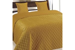 Euromat Colcha acolchada con 2 fundas de almohada de 40 x 40 cm (amarillo mostaza, terciopelo amarante, 220 x 240 cm)