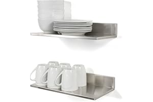 WALLNITURE Stainless Steel Wall Mount Commercial and Home Use Premium Quality 15 Inch Kitchen Floating Shelves Set of 2 Silver