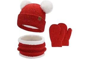 BEQUEMER LADEN Enfants Bébés Hiver Bonnet Gants Tactiles Écharpe Ensemble Bonnet Pompon Moufles Cache-Cou avec Doublure Polaire pour 0-8 Ans Fille Garçon