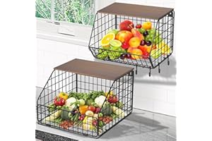 YADOBIG 2 Piezas Colgante Cesta de Fruta, Fruteros de Cocina de Metal, con Tapa de Madera, con 4 Ganchos, Apilables y Montables en la Pared, para Guardar Fruta y Verdura, Negro, 1 Grande 1 Pequeño
